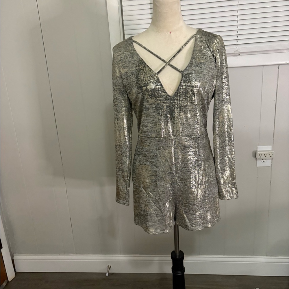 Silver Metallic Long Sleeve Romper